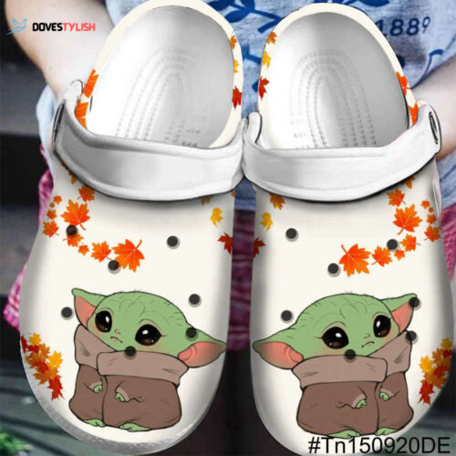 Baby Yoda Leaf Pattern Crocs Classic Clogs Shoes In White
