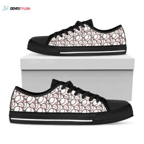 Baseballs Pattern Print Black Low Top Shoes, Best Gift For Men And Women