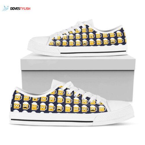 Beer Emoji Pattern Print White Low Top Shoes, Best Gift For Men And Women