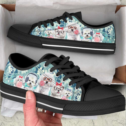 Bichon Dog Flowers Pattern Turquoise Low Top Shoes Canvas Sneakers Casual Shoes, Dog Mom Gift
