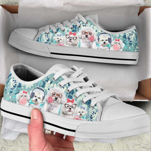 Bichon Dog Flowers Pattern Turquoise Low Top Shoes Canvas Sneakers Casual Shoes, Dog Mom Gift