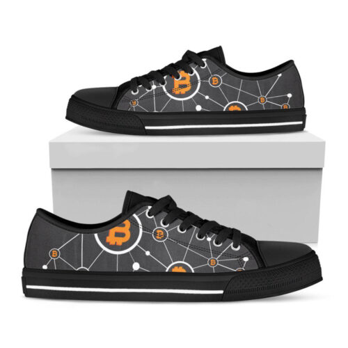 Bitcoin Connection Pattern Print Black Low Top Shoes, Best Gift For Men And Women