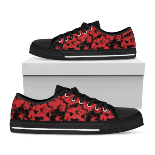 Black And Red Hibiscus Pattern Print Black Low Top Shoes, Best Gift For Men And Women