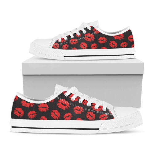 Black And Red Lips Pattern Print White Low Top Shoes, Best Gift For Men And Women
