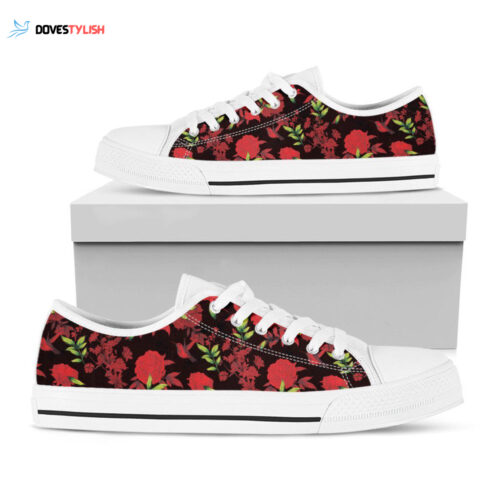 Black And Red Roses Floral Print White Low Top Shoes, Gift For Men And Women