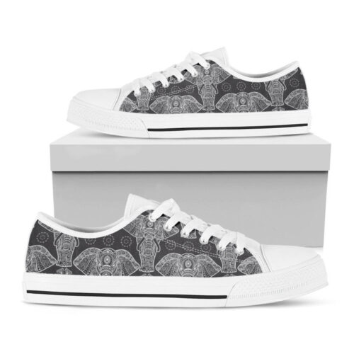Black And White Boho Elephant Print White Low Top Shoes, Best Gift For Men And Women