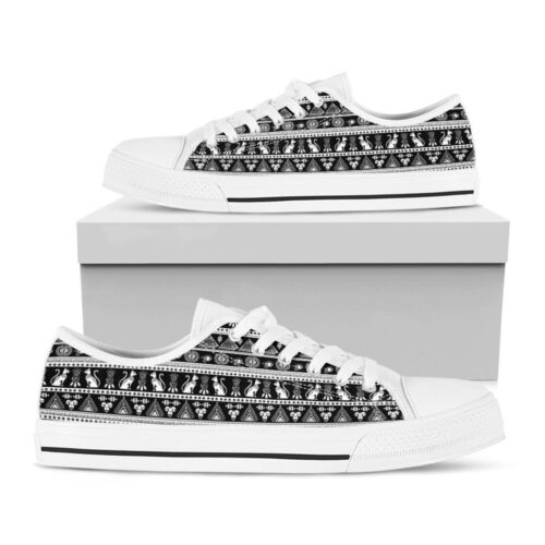 Black And White Egypt Pattern Print White Low Top Shoes, Gift For Men And Women