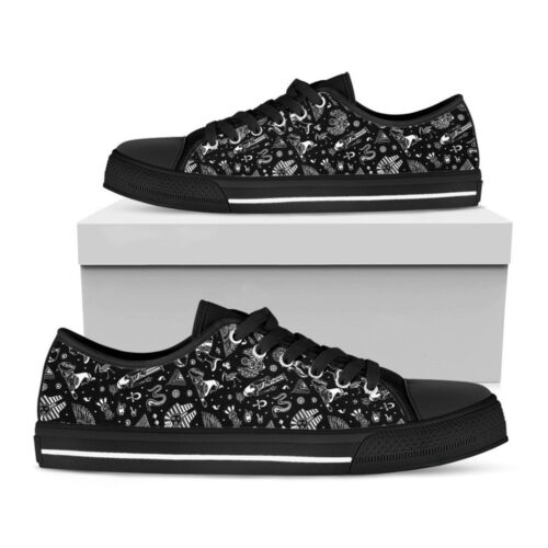 Black And White Egyptian Pattern Print Black Low Top Shoes, Best Gift For Men And Women