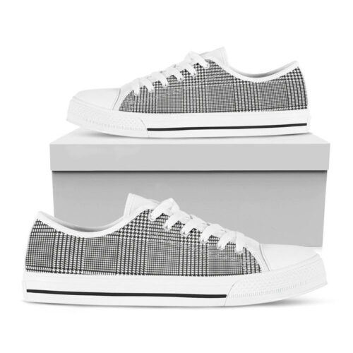 Black And White Glen Plaid Print White Low Top Shoes, Gift For Men And Women