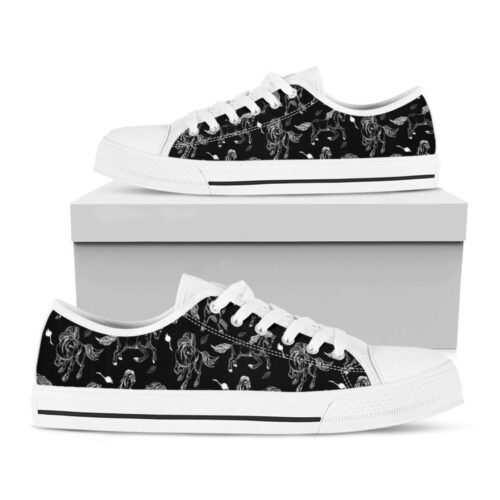 Black And White Horse Pattern Print White Low Top Shoes, Gift For Men And Women