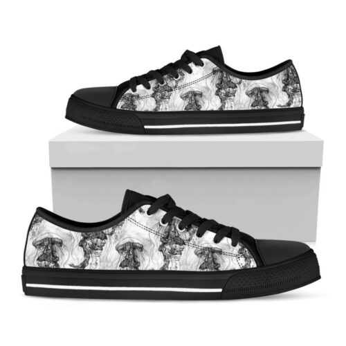 Black And White Jellyfish Pattern Print Black Low Top Shoes, Best Gift For Men And Women