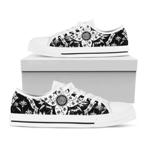 Black And White Lotus Mandala Print White Low Top Shoes, Gift For Men And Women