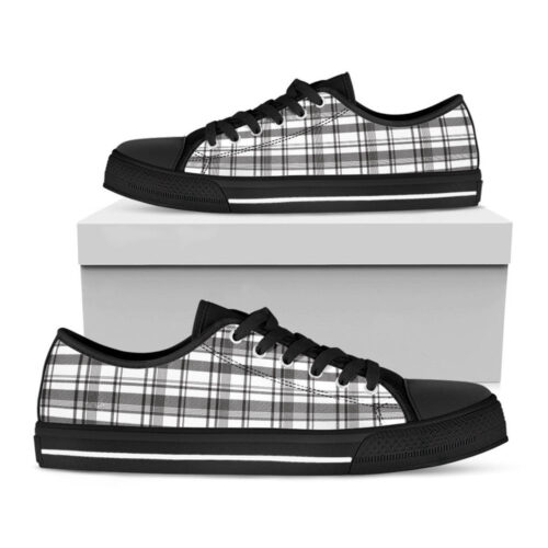 Black And White Madras Pattern Print Black Low Top Shoes For Men And Women