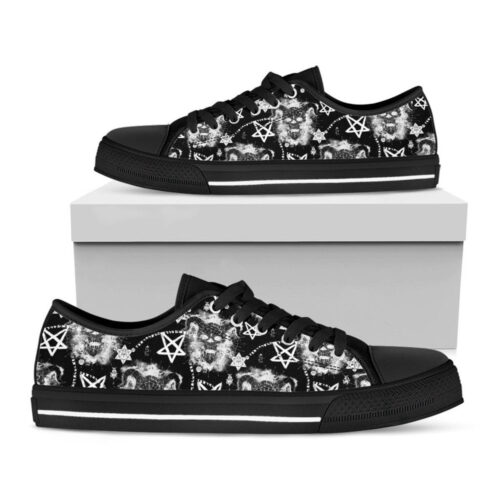 Black And White Wicca Devil Skull Print Black Low Top Shoes, Gift For Men And Women
