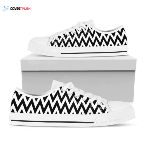 Black And White Zigzag Pattern Print White Low Top Shoes, Gift For Men And Women
