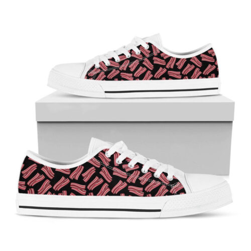 Black Bacon Pattern Print White Low Top Shoes, Gift For Men And Women