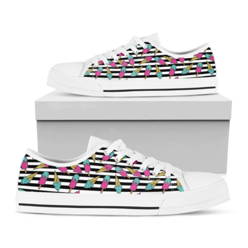 Black Striped Ice Cream Pattern Print White Low Top Shoes, Best Gift For Men And Women