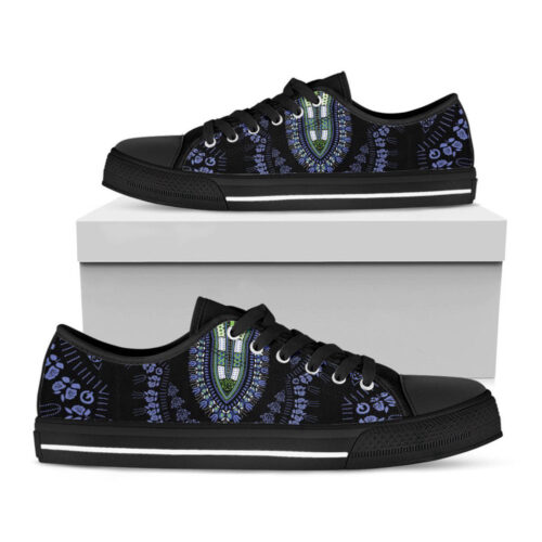Blue And Black African Dashiki Print Black Low Top Shoes, Gift For Men And Women