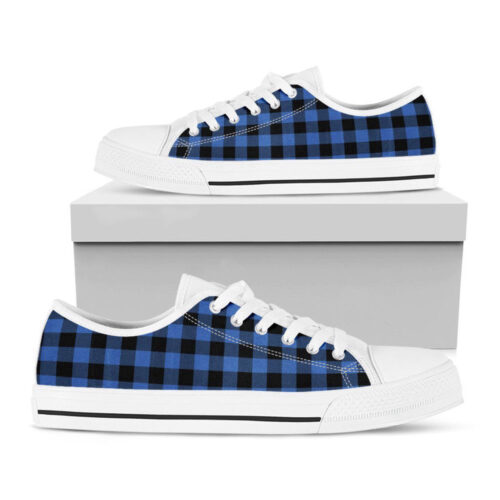 Blue And Black Buffalo Plaid Print White Low Top Shoes For Men And Women