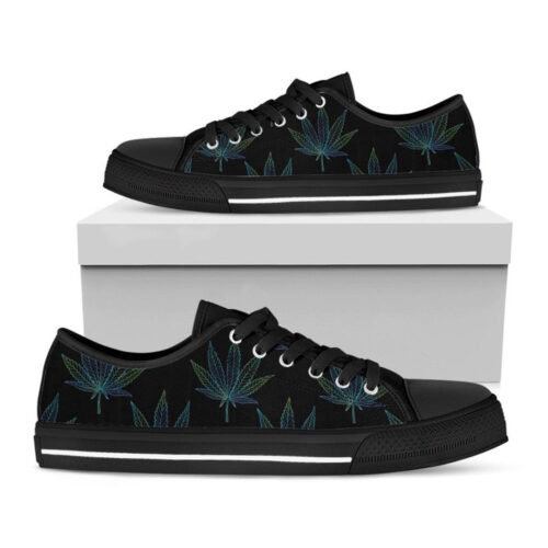 Blue And Green Weed Leaf Pattern Print Black Low Top Shoes, Best Gift For Men And Women
