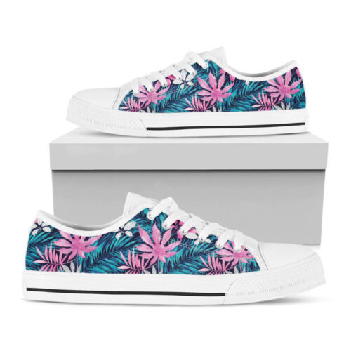 Blue And Pink Watercolor Hawaiian Print White Low Top Shoes, Gift For Men And Women