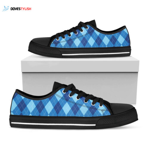 Blue Argyle Pattern Print Black Low Top Shoes, Gift For Men And Women