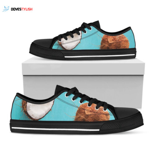 Blue Coconut Pattern Print Black Low Top Shoes, Gift For Men And Women