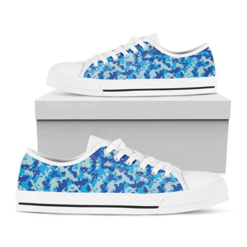 Blue Digital Camo Pattern Print White Low Top Shoes, Best Gift For Men And Women