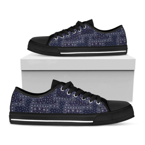 Blue Floral Patchwork Pattern Print Black Low Top Shoes For Men And Women