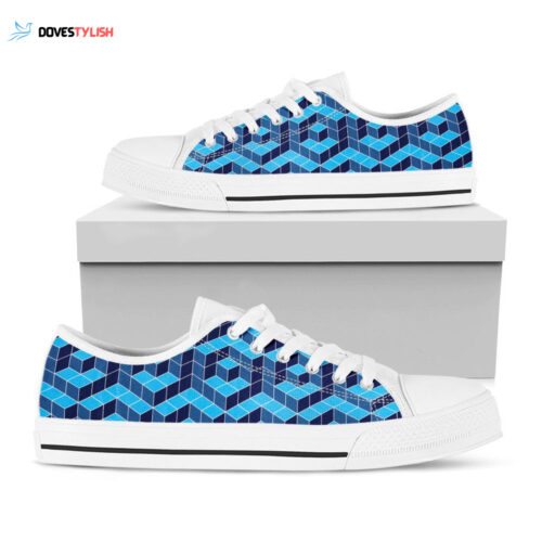 Blue Geometric Cube Shape Pattern Print White Low Top Shoes, Best Gift For Men And Women