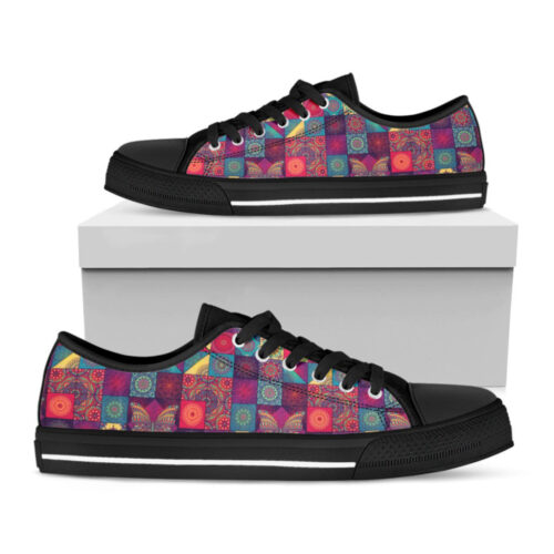 Bohemian Patchwork Pattern Print Black Low Top Shoes, Gift For Men And Women