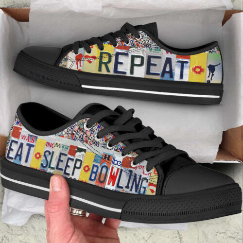 Bowling Eat Sleep Repeat License Plates Low Top Shoes Canvas Print Lowtop Fashionable Casual Shoes Gift For Adults