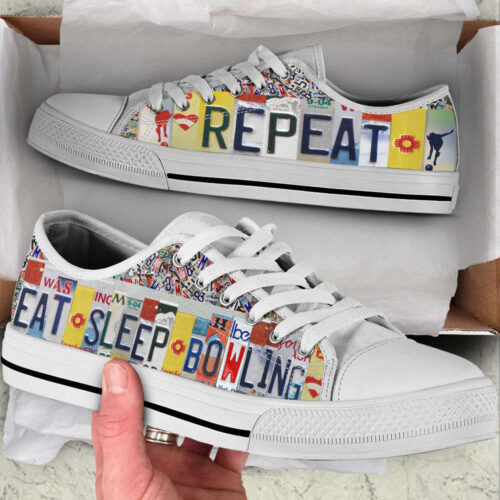 Bowling Eat Sleep Repeat License Plates Low Top Shoes Canvas Print Lowtop Fashionable Casual Shoes Gift For Adults