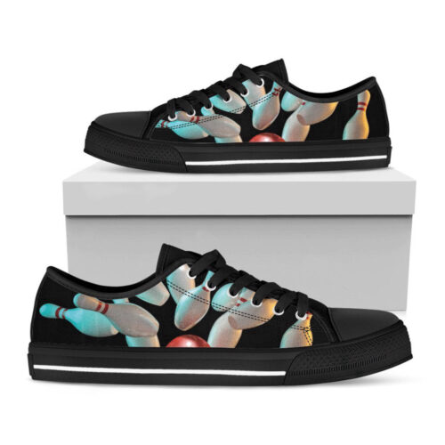 Bowling Strike Print Black Low Top Shoes, Best Gift For Men And Women