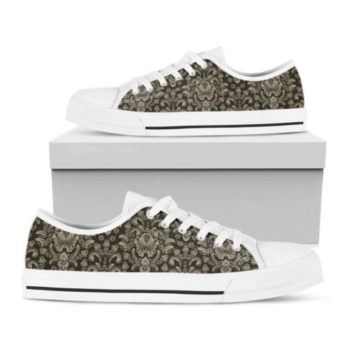 Brown Damask Pattern Print White Low Top Shoes, Best Gift For Men And Women