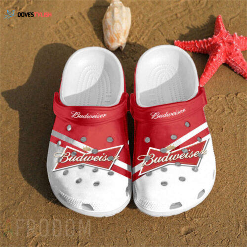 Budweiser Logo Pattern Crocs Classic Clogs Shoes In Red & White