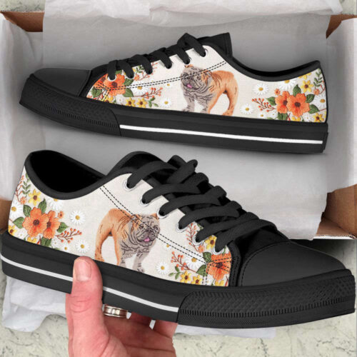 Bulldog Embroidery Floral Low Top Shoes Canvas Sneakers Casual Shoes, Dog Mom Gift