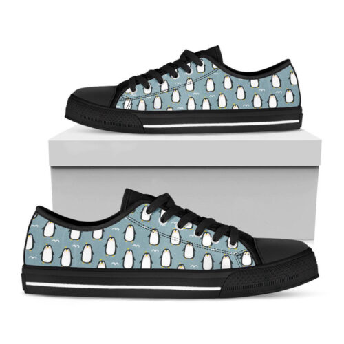 Cartoon Emperor Penguin Pattern Print Black Low Top Shoes, Gift For Men And Women
