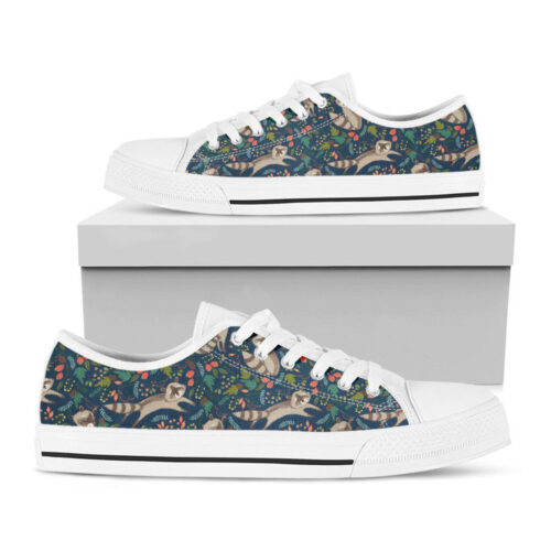 Cartoon Raccoon Pattern Print White Low Top Shoes, Gift For Men And Women