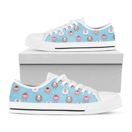 Cartoon Sheep Pattern Print White Low Top Shoes, Best Gift For Men And Women