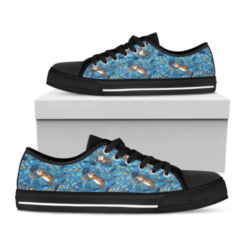 Cartoon Tiger Pattern Print Black Low Top Shoes, Best Gift For Men And Women
