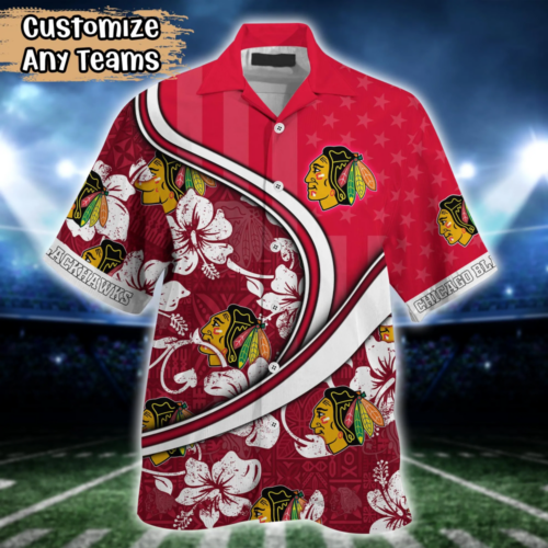 Chicago Blackhawks NHL US Flag Flower Hawaii Shirt  For Fans, Custom Summer Football Shirts