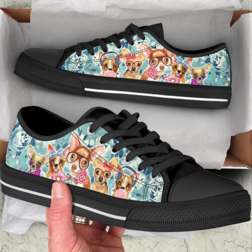 Chihuahua Dog Flowers Pattern Turquoise Low Top Shoes Canvas Sneakers Casual Shoes, Dog Mom Gift