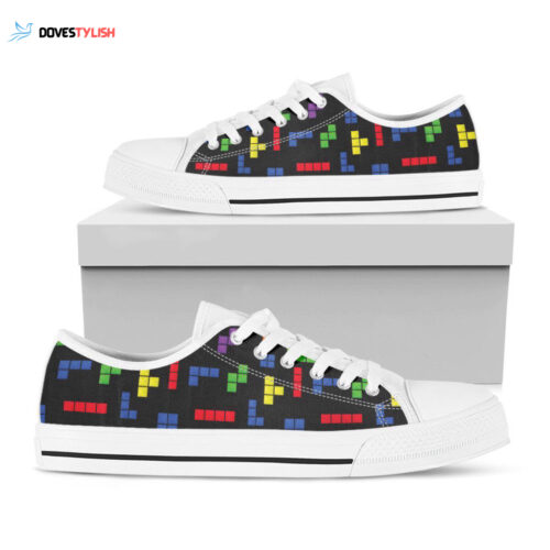 Colorful Block Puzzle Game Pattern Print White Low Top Shoes, Best Gift For Men And Women