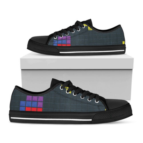 Colorful Block Puzzle Video Game Print Black Low Top Shoes, Best Gift For Men And Women