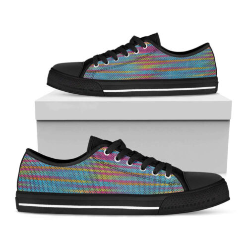 Colorful Knitted Pattern Print Black Low Top Shoes, Gift For Men And Women