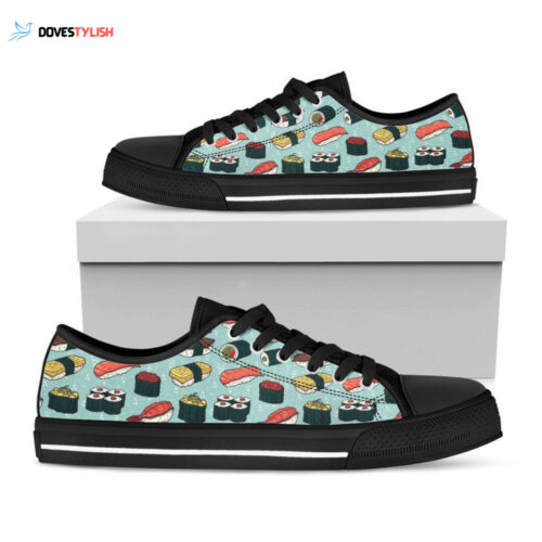 Colorful Sushi And Rolls Pattern Print Black Low Top Shoes, Gift For Men And Women