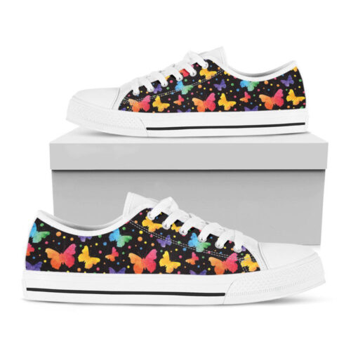 Colorful Watercolor Butterfly Print White Low Top Shoes, Best Gift For Men And Women