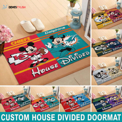 Custom House Divided NFL Doormat, Gift For Home Decor Mickey And Minnie Football Teams