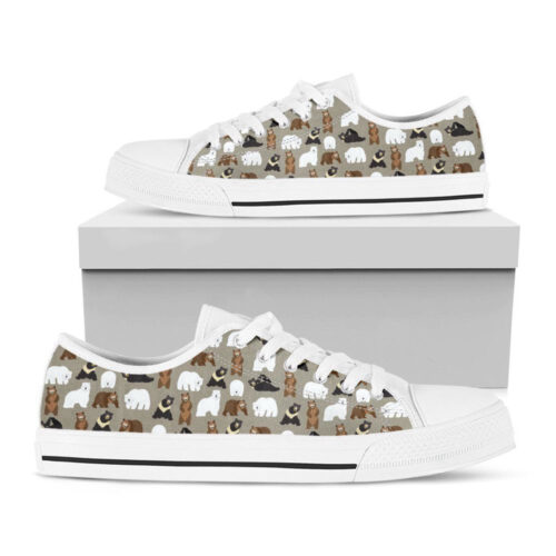 Cute Bear Pattern Print White Low Top Shoes, Gift For Men And Women